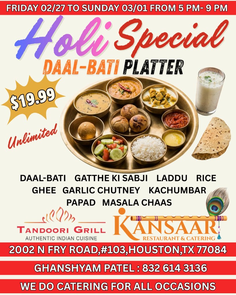 Holi Special Daal-Bati platter with laddu, rice, ghee, garlic chutney, and masala chaas