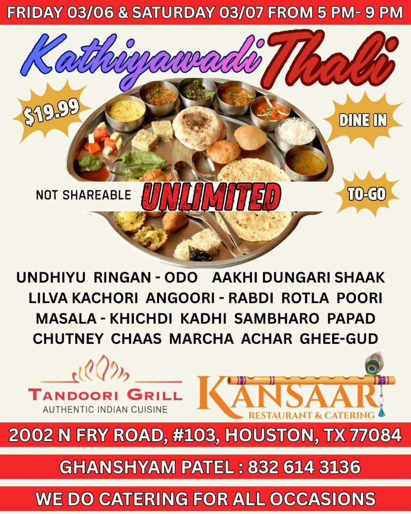 Classic Kathiyawadi Thali with undhiyu, ringan odo, lilva kachori, rabdi, and sambharo