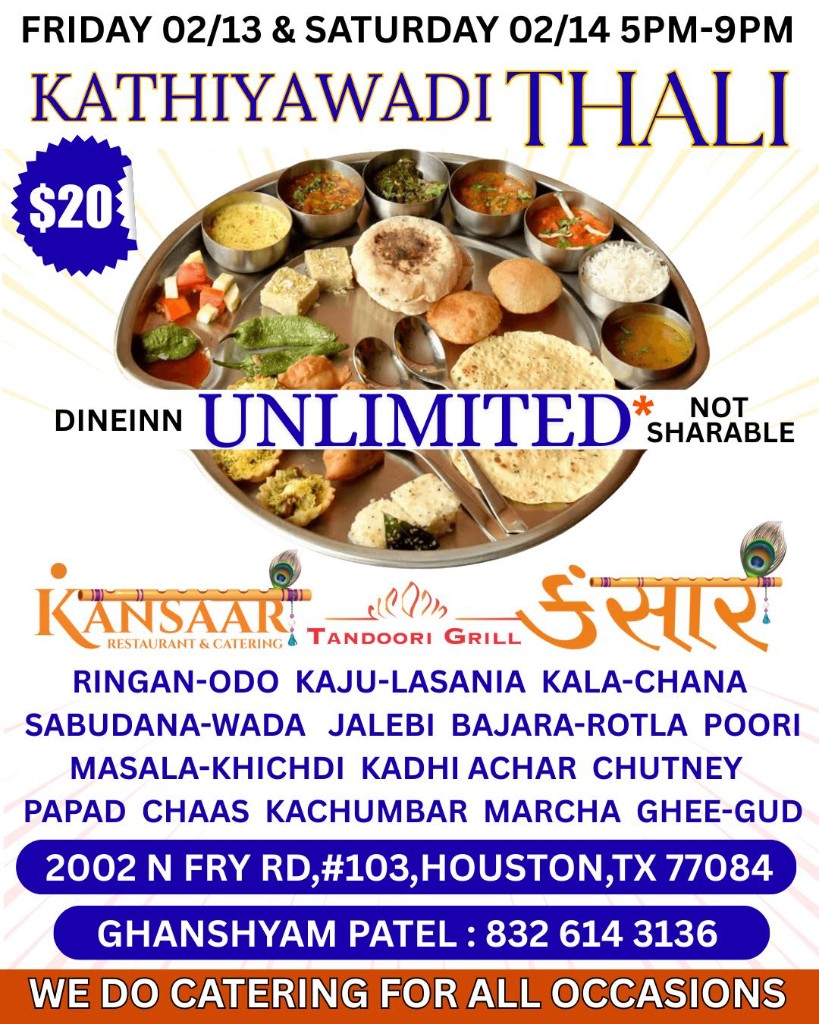 Unlimited Kathiyawadi Thali with kaju lasania, sabudana wada, jalebi, and bajara rotla
